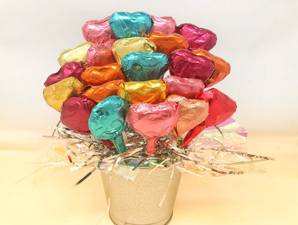 Ruby Chocolates + Assorted Chocolates Flower Bouquet - Hearts + Happy Birthday Cakes (24 lollipops)