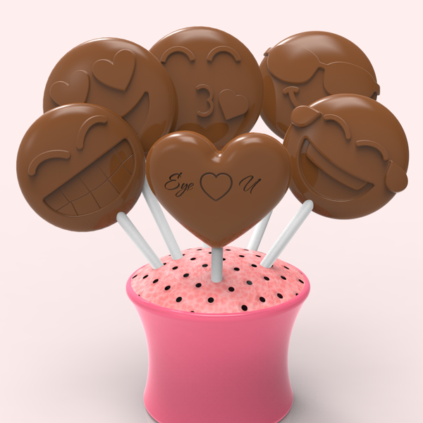 Ruby Chocolates + Assorted Chocolates Flower Bouquet - Hearts + Happy Emojis (24 lollipops)